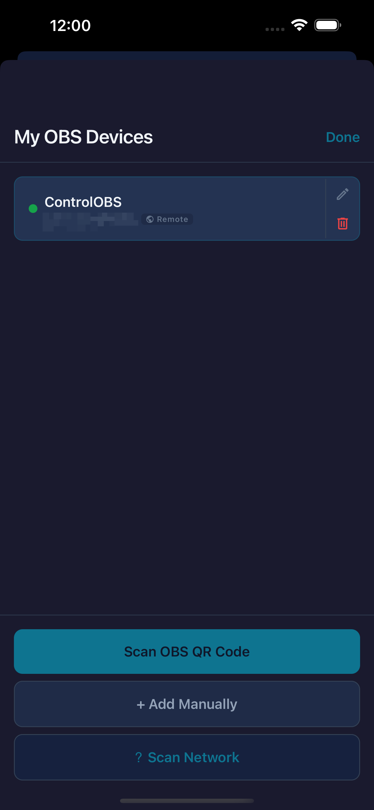 Control OBS showing scenes and audio sources after a successful connection