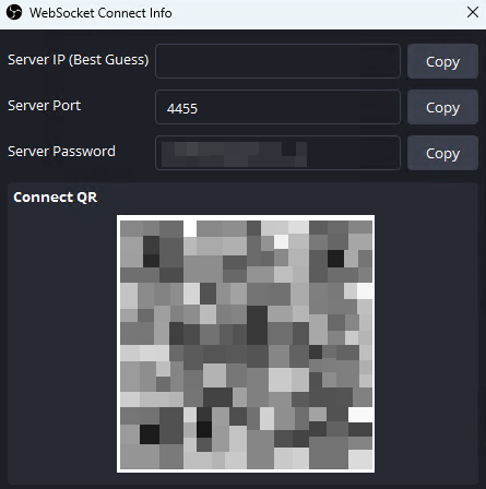 OBS WebSocket Server Settings dialog showing the Enable WebSocket server checkbox and port field