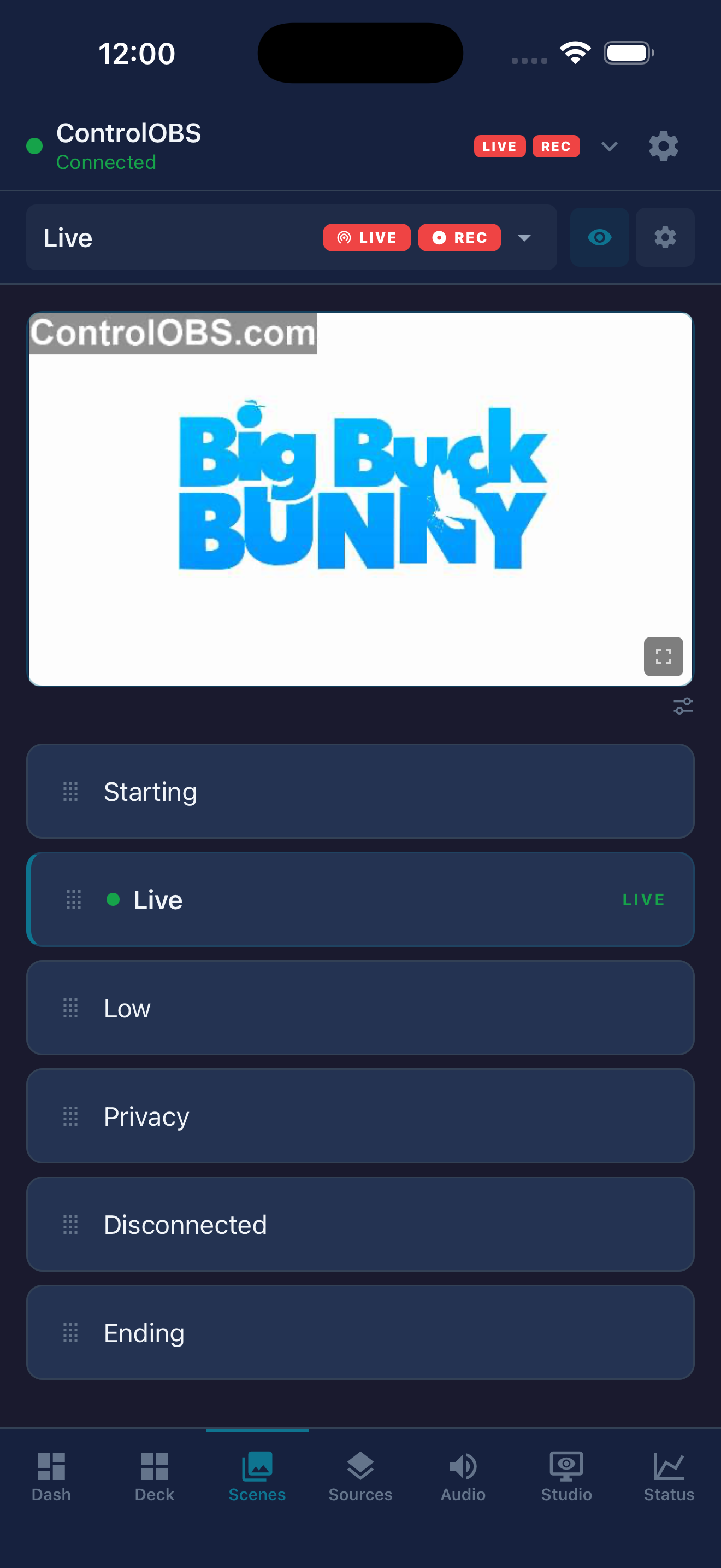 Scenes tab showing a list of OBS scenes
