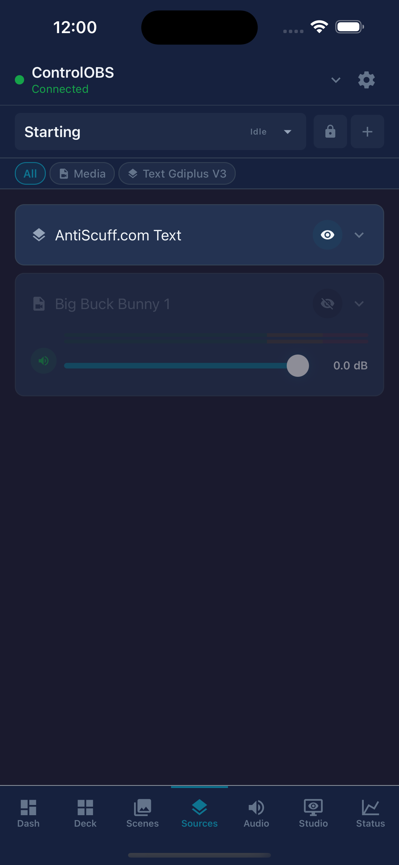 Sources tab showing scene items with visibility toggles